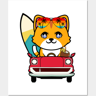 Cute orange cat driving to the beach Posters and Art